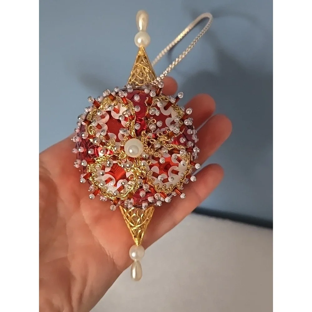 Vintage Handmade‎ Satin Christmas Ornament Push Pin Ball Beaded Beads Red Gold